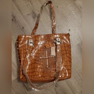 Elegant Tan Crocodile Embossed Shoulder Bag